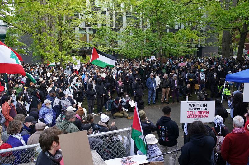 A group of pro-Palestinian protesters gathered at Portland State University in support of a cease-fire in the Israel-Hamas war, Monday, April 30, 2024, in Portland, Ore. (Beth Nakamura/The Oregonian via AP)