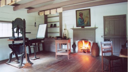 The print shop exhibit at New Echota State Historic Site near present-day Calhoun is a representation of the facility that would have printed the first Native American written words in the Cherokee Phoenix newspaper. The Phoenix prints today, roughly 200 years later, in the current Cherokee Nation capitol of Tahlequah, Oklahoma. Image courtesy of New Echota State Historic Site
