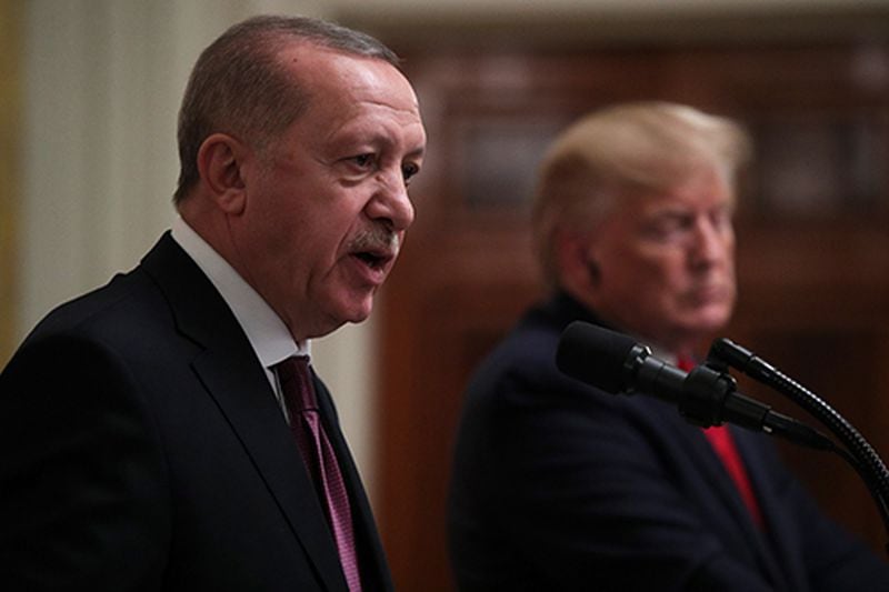 Turkish President Recep Tayyip Erdogan speaks during a news conference with President Donald Trump.