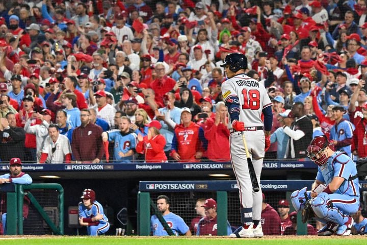 Atlanta Braves’ Vaughn Grissom (18) waits for the final pitch before striking out against the Philadelphia Phillies during the ninth inning of NLDS Game 4 at Citizens Bank Park in Philadelphia on Thursday, Oct. 12, 2023.   (Hyosub Shin / Hyosub.Shin@ajc.com)