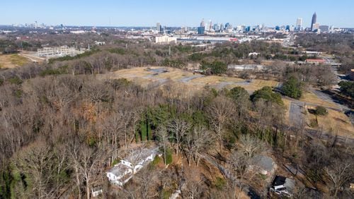 Aerial photography shows park of the Grove Park neighborhood and the future Microsoft campus on Atlanta's Westside on Tuesday, February 23, 2021. (Hyosub Shin / Hyosub.Shin@ajc.com)
