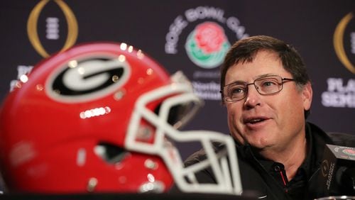 Georgia offensive coordinator Jim Chaney addresses the media about his players during press conferences for the Rose Bowl on Thursday, December 28, 2017, in Los Angeles.  Curtis Compton/ccompton@ajc.com