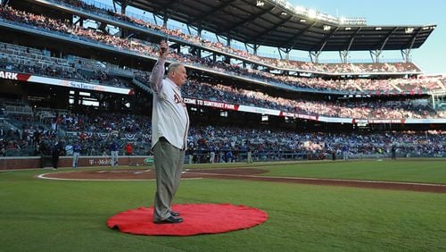 Legendary Braves manager and Baseball Hall of Famer Bobby Cox attended the team's home opener. (Curtis Compton/ccompton@ajc.com)