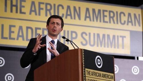 Democratic presidential hopeful Pete Buttigieg, shown speaking earlier this year at the African American Leadership Council Summit in Atlanta, appears to be having trouble connecting with black voters. An African American pastor in Atlanta pastor said nominating a gay man for president might hurt Democrats’ chances of drawing moderate voters in next year’s election. Bob Andres / bandres@ajc.com