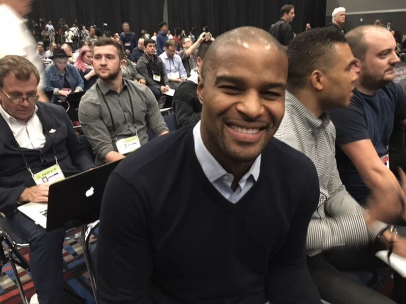  Osi Umenyiora waiting for the Lady Gaga press conference to start on Thursday at Super Bowl LI. (By D. Orlando Ledbetter/dledbetter@ajc.com)