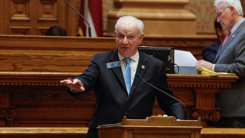 Sen. Max Burns, R-Sylvania, speaks in favor of House Bill 1207 on Day 39 of the legislative session at the Georgia State Capitol on Tuesday, March 26, 2024.  (Natrice Miller/ Natrice.miller@ajc.com)