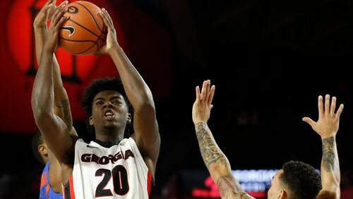 Georgia forward Rayshaun Hammonds (20) shoots against Florida in Athens, Ga., Tuesday, Jan. 30, 2018. (Joshua L. Jones/Athens Banner-Herald via AP)