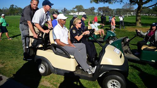 LA JOLLA, CA - FEBRUARY 05: Tiger Woods leaves the course after withdrawing from the Farmers Insurance Open due to injury at Torrey Pines Golf Course on February 5, 2015 in La Jolla, California. (Photo by Donald Miralle/Getty Images) This is how Tiger Woods' last tournament ended in La Jolla, Calif. There's no telling when he plays again. (Getty Images)
