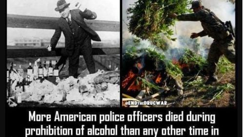 This screenshot shows the viral image comparing the number of police officer deaths during Prohibition and the war on drugs.