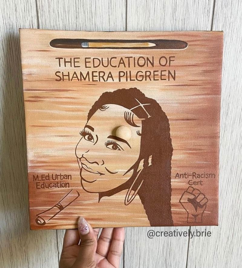 Bria Bowen of Kennesaw made a business out of designing and decorating custom graduation caps for students. She often paints portraits of the graduate and features their loved ones, hobbies or career goals. For the spring 2023 graduation season, her company, Creatively Brie, received about 30 custom orders. (Courtesy of Bria Bowen)