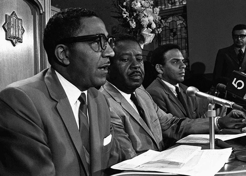 One week after the 1968 assassination of the Rev. Martin Luther King Jr., Ralph David Abernathy, flanked by Joseph E. Lowery, left, and the Rev. Andrew Young, holds a news conference in Atlanta to address the leadership of the Southern Christian Leadership Conference. Abernathy presided as president of the SCLC from 1968-77. (AP file)