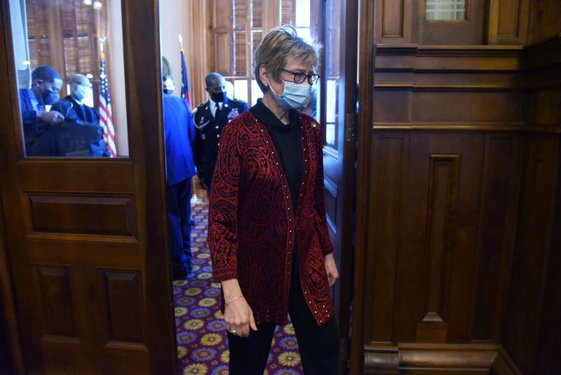 Dr. Kathleen Toomey, commissioner of the Georgia Department of Public Health, walks into the House Chambers during the fourth day of the 2021 legislative session at the Georgia State Capitol building last week. (Hyosub Shin / Hyosub.Shin@ajc.com)