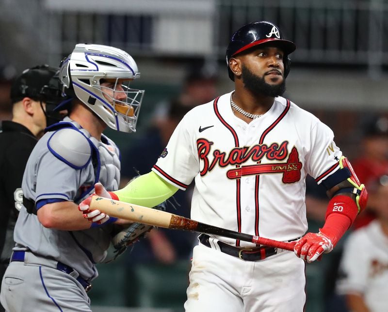 The Braves' Marcell Ozuna reacts to striking out to end the game in a 4-1 loss to the New York Mets during the ninth inning in a MLB baseball game on Monday, July 11, 2022, in Atlanta.  “Curtis Compton / Curtis Compton@ajc.com”