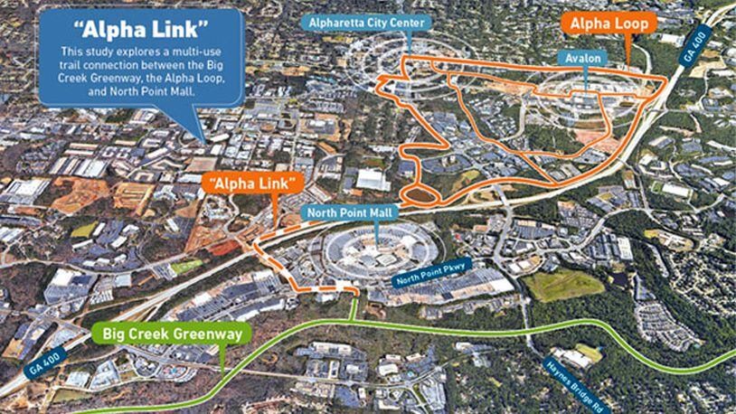 Map depicts the Alpha Loop, Big Creek Greenway and a possible “Alpha Link” connector trail in Alpharetta. The city will hold an open house April 1 to discuss the project. CITY OF ALPHARETTA