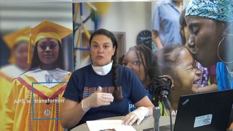Atlanta Public Schools Superintendent Meria Carstarphen, shown here in a screen shot from an April 23, 2020, live video town hall, urged students to remain safely at home even as Georgia businesses reopen. Carstarphen said she's even given herself a haircut during the shutdown.