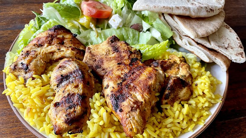 The chicken plate business lunch at Mediterranean Grill includes hunks of skillfully grilled chicken that are juicy and tangy from a yogurt marinade. Angela Hansberger for The Atlanta Journal-Constitution