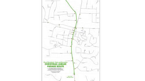 Map depicts the parade route and road closures for the Christmas Jubilee Parade of Lights, to be held Dec. 2 in Woodstock. Parts of Rope Mill Road and Main Street will be closed from 4:45 to 7 p.m. CITY OF WOODSTOCK