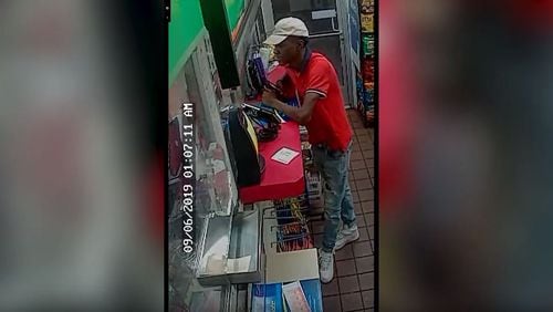 The video shows a man using the woman’s stolen credit card at a gas station on Ralph David Abernathy Boulevard not long after the Sept. 6 robbery on Woodward Avenue, according to Atlanta police.