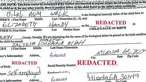 The ACLU of Georgia has filed suit on behalf of parents Elizabeth Handy and Bilal Walk, who were denied when they tried to name their daughter SalyKha Graceful Lorraina Allah. This redacted copy of the birth certificate application was Exhibit A in the lawsuit. (Fulton County Superior Court)