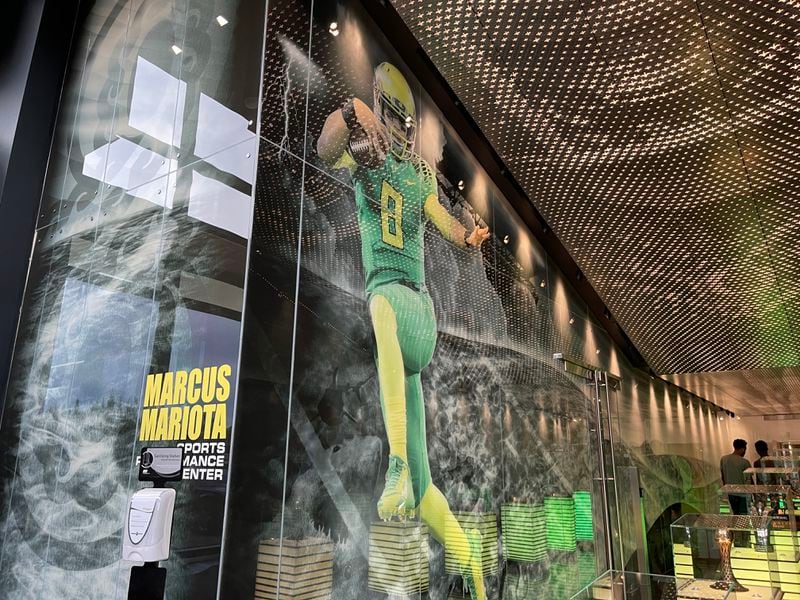 The Oregon Ducks have found numerous ways to honor their Heisman Trophy-winning quarterback Marcus Mariota. They have a whole building named after him. (Photo by Chip Towers/ctowers@ajc.com)