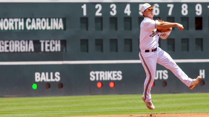 Georgia Tech's Luke Waddell (7) throws to first base during the ACC baseball championship game against North Carolina Sunday, May 26, 2019, in Durham, N.C.