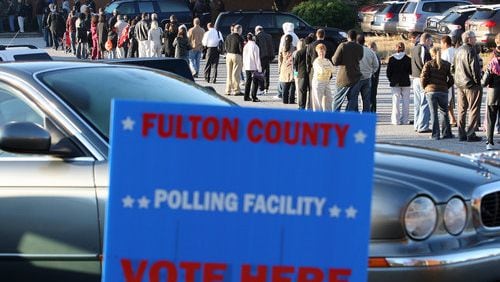 7:48 a.m. Sandy Springs: Voters wait in line at North Springs Methodist Church to cast their ballots in the 2008 presidential election. Exiting voters reported a one- hour-and-50-minute wait there.