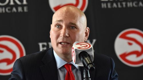 June 2, 2017 Atlanta - New Hawks GM Travis Schlenk speaks during the press conference to officially introduce new general manager Travis Schlenk at Philips Arena on Friday, June 2, 2017. HYOSUB SHIN / HSHIN@AJC.COM