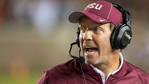 FILE - In this Oct. 29, 2016, file photo, Florida State coach Jimbo Fisher shouts instructions during the team's NCAA college football game against Clemson in Tallahassee, Fla. The Seminoles are the preseason favorite to win the Atlantic Coast Conference race. (AP Photo/Mark Wallheiser, File)