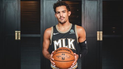 Hawks guard Trae Young models Atlanta's 2020-21 City Edition uniform, which honors the Rev. Martin Luther King Jr.