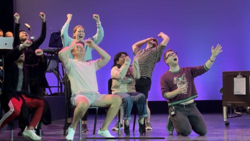 The Marietta cast for "A New Brain" sing out during rehearsals this week. Photo: Jono Davis
