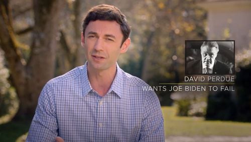 A still from Democratic Senate candidate Jon Ossoff's attack ad against Sen. David Perdue that claims the Republican senator said he would try to ensure that President-elect Joe Biden fails.