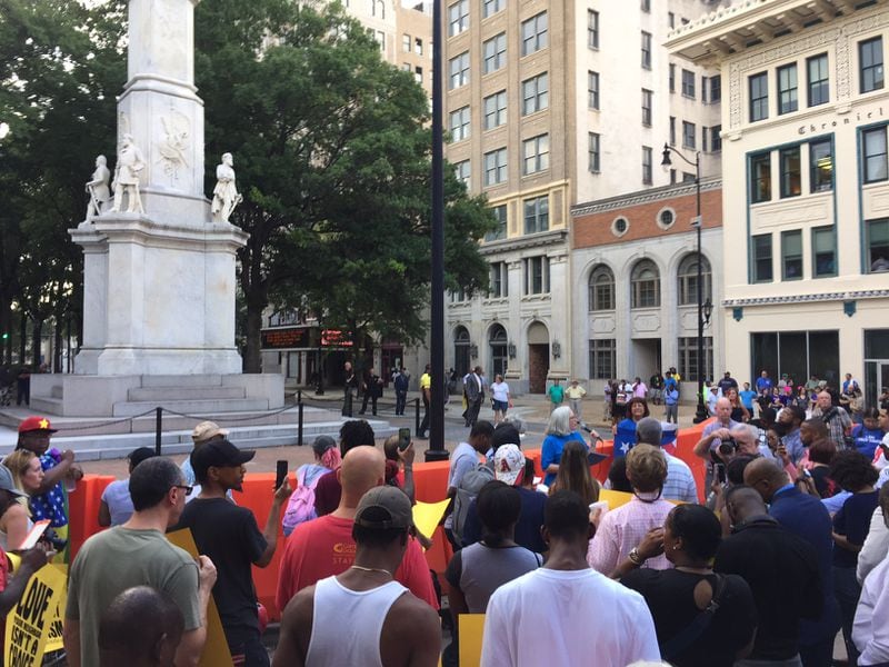  Some 250 people turned out at a rally Thursday to call for removal of downtown Augusta's 139-year-old Confederate Monument. JOHNNY EDWARDS / JREDWARDS@AJC.COM