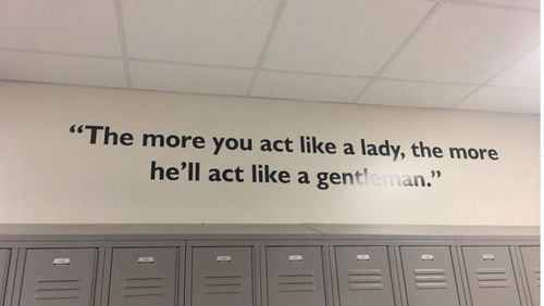 This quote above a bank of lockers in a Texas elementary school quotes a famous Manhattan madam. After someone shared the sexist quote on social media last week, it was quickly taken down and replaced by a quote from Malala Yousafzai,  a Pakistani activist for female education and the youngest Nobel Prize laureate.