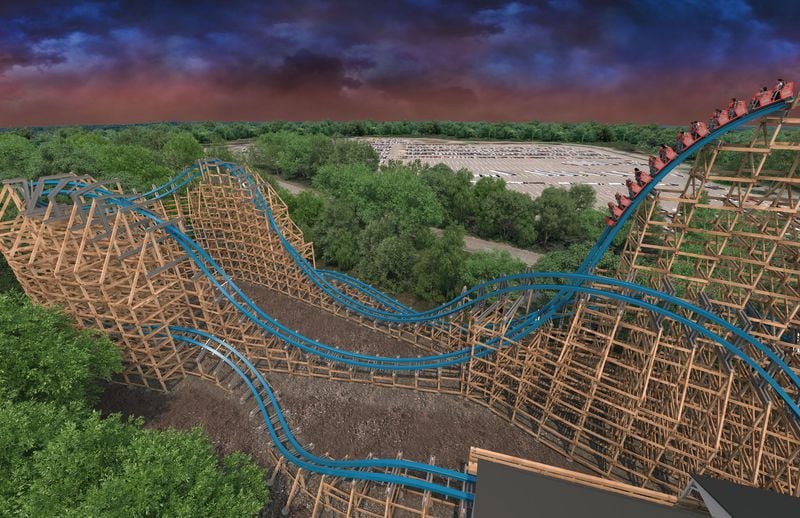This artist’s rendering shows the Twisted Cyclone coaster descending the ride’s first drop. Twisted Cyclone will incorporate the structure of the former Georgia Cyclone ride. CONTRIBUTED BY SIX FLAGS OVER GEORGIA