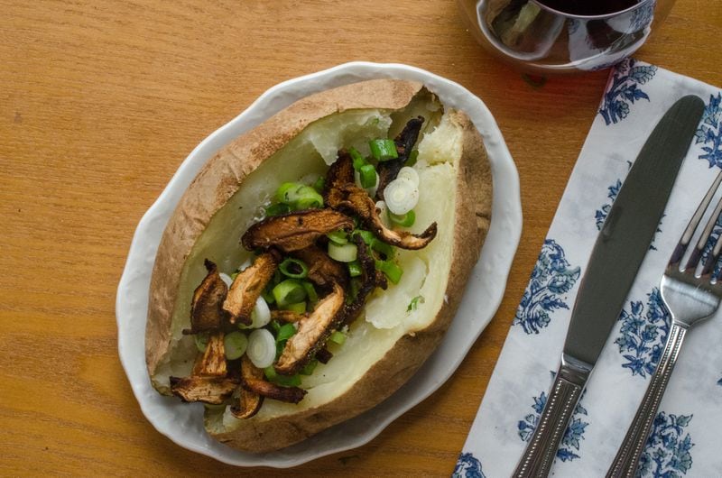 Loaded Baked Potato with Shiitake "Bacon." (Virginia Willis for The Atlanta Journal-Constitution)