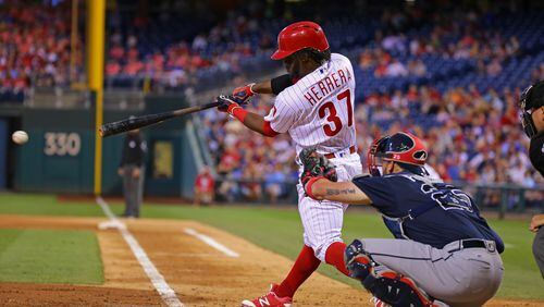 Odubel Herrera #37 of the Philadelphia Phillies hits an RBI single in the fourth inning during a game against the Atlanta Braves at Citizens Bank Park on July 29, 2017 in Philadelphia, Pennsylvania. (Photo by Hunter Martin/Getty Images)