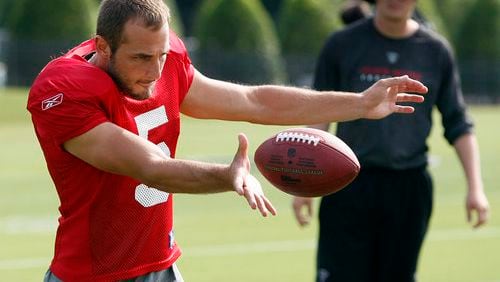 Falcons rookie kicker Matt Bosher works on his technique during practice at training camp in Flowery Branch on Thursday, August 4, 2011.