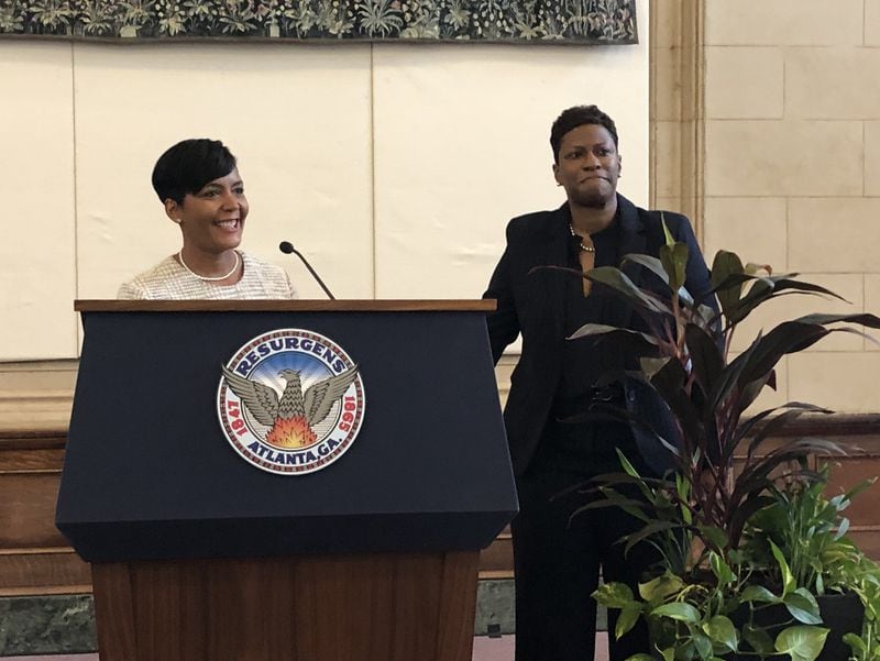 Atlanta Mayor Keisha Lance Bottoms, left, introduces Terri Ward, a longtime senior leader in the city’s planning department, as Atlanta’s first chief housing officer on Tuesday, Oct. 16, 2018. J. SCOTT TRUBEY/STRUBEY@AJC.COM