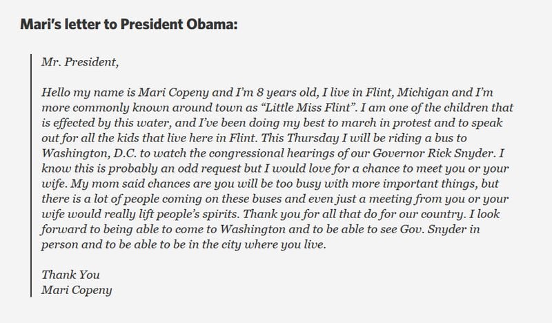 Eight-year-old Mari Copeny, known as "Little Miss Flint," wrote this letter to President Obama in 2016 in order to draw attention to the water crisis in Flint, Mich. Obama responded to her letter and arranged to meet her in Flint in May of that year.