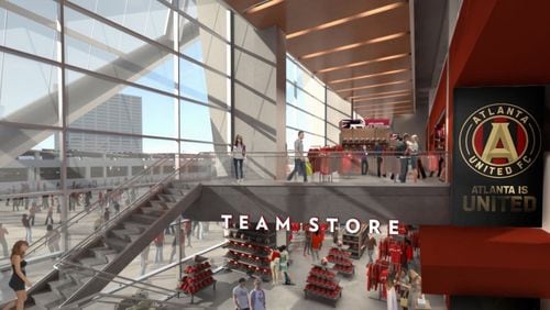 A rendering of the team store that will sell Falcons and Atlanta United items at Mercedes-Benz Stadium. (AMB Sports and Entertainment)