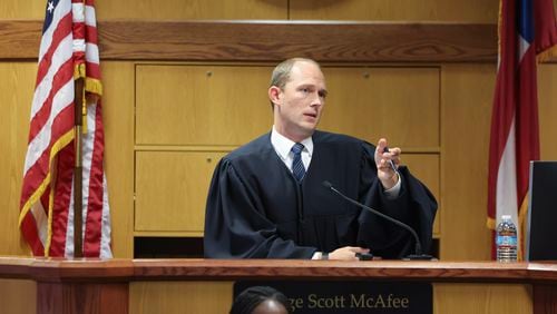 Fulton County Superior Judge Scott McAfee hears motions from attorneys representing Ken Chesebro and Sidney Powell in Atlanta on Wednesday, Sept. 6, 2023. At the end of the 90-minute hearing, McAfee granted Powell’s demand for a speedy trial, setting her trial date for Oct. 23, the same day as Chesebro’s. He denied a push from Chesebro to sever his case from Powell and a motion from Powell to sever her case from Chesebro’s. (Jason Getz / Jason.Getz@ajc.com)