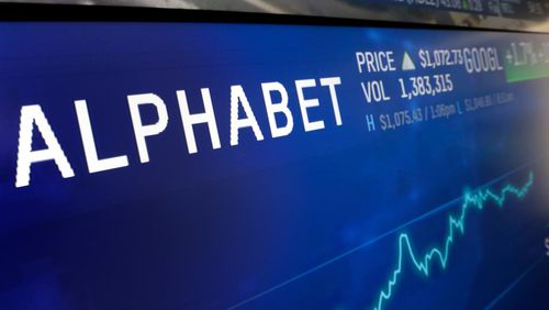 FILE - In this Feb. 14, 2018, file photo the logo for Alphabet appears on a screen at the Nasdaq MarketSite in New York. Alphabet reports earnings on Thursday, April 25, 2024. (AP Photo/Richard Drew, File)