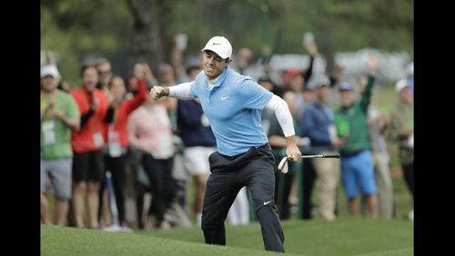 Rory McIlroy celebrates an eagle chip on No. 8 in Satuday’s third round of the Masters.