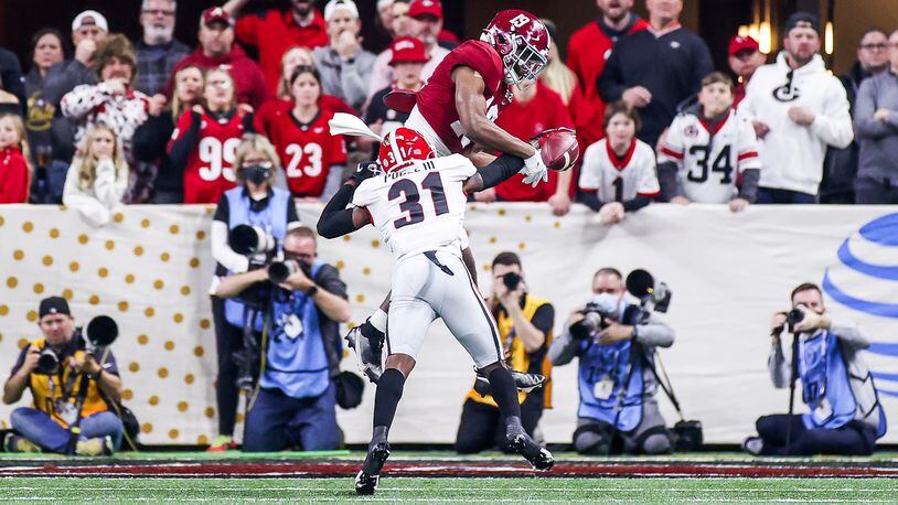 Georgia defensive back William Poole breaks up a pass intended for Alabama's Jahleel Billingsley during the College Football Playoff Championship game in January at Lucas Oil Stadium in Indianapolis. (Photo by Tony Walsh/UGA Athletics)