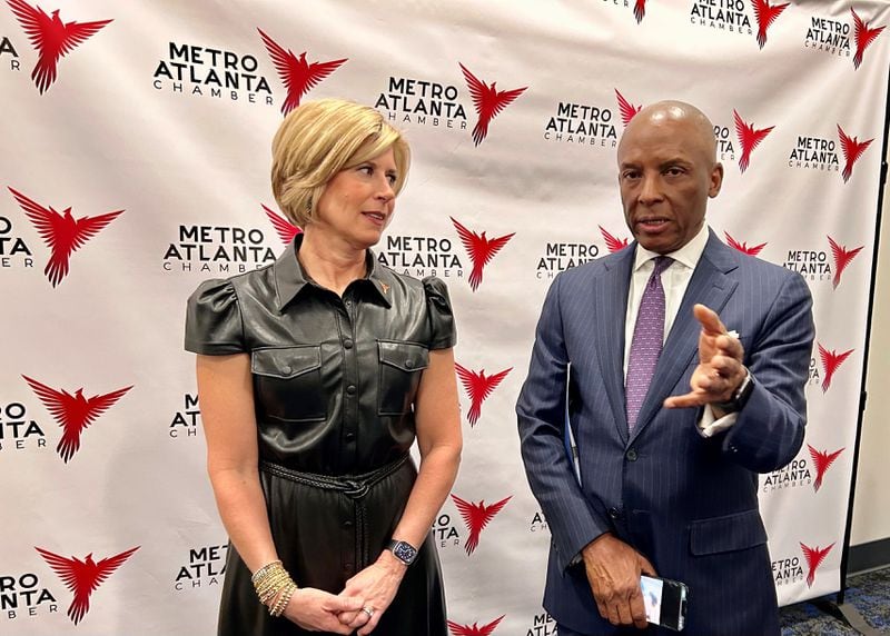 Metro Atlanta Chamber CEO Katie Kirkpatrick (left) and Southern Company President and CEO Chris Womack, who is also the chamber’s chair for 2024