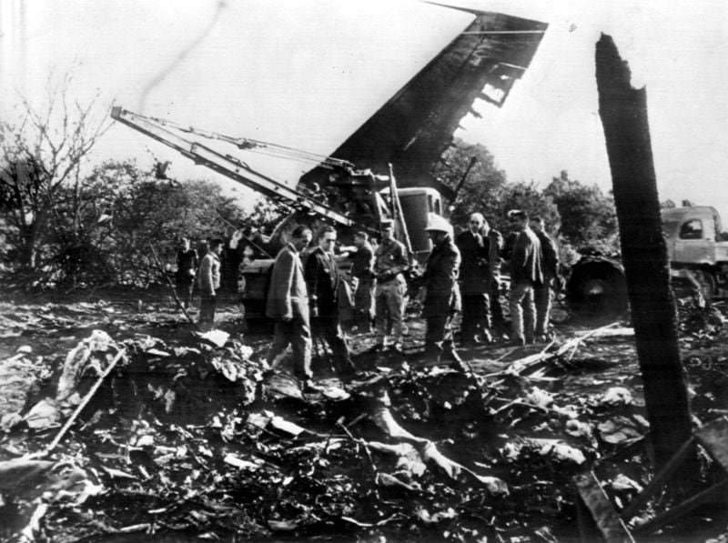 June 3, 1962 - Paris, France - The twisted remains of an Air France Boeing 707 jet are scattered over Orly Field near Paris. The tail section is the only recognizable part of the plane after it crashed on takeoff.