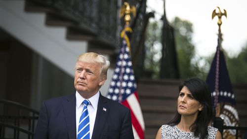 
                        FILE — Donald Trump and Nikki Haley during a news conference at the Trump National Golf Club in Bedminster, N.J., on Aug. 11, 2017. Haley made herself the public face at the U.N. of the administration’s decision to move the U.S. Embassy in Israel to Jerusalem from Tel Aviv. (Al Drago/The New York Times)  ...
                      