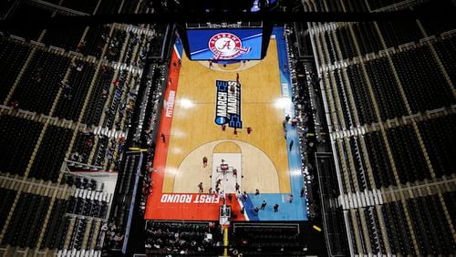 Alabama runs a practice in preparation for an NCAA men's college basketball tournament first-round game at PPG Paints Arena in Pittsburgh Wednesday, March 14, 2018. Alabama plays Virginia Tech on Thursday in the first round. (AP Photo/Gene J. Puskar)