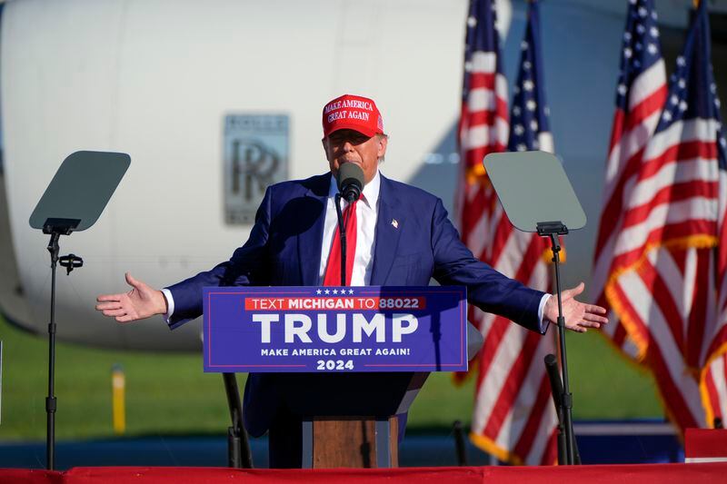 Republican presidential candidate former President Donald Trump speaks at a campaign rally in Freeland, Mich., Wednesday, May 1, 2024. (AP Photo/Paul Sancya)