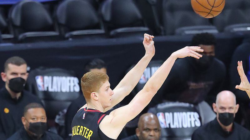Hawks guard Kevin Huerter hits a three-pointer against the Philadelphia 76ers in Game 7 of the Eastern Conference semifinals Sunday, June 20, 2021, in Philadelphia. (Curtis Compton / Curtis.Compton@ajc.com)